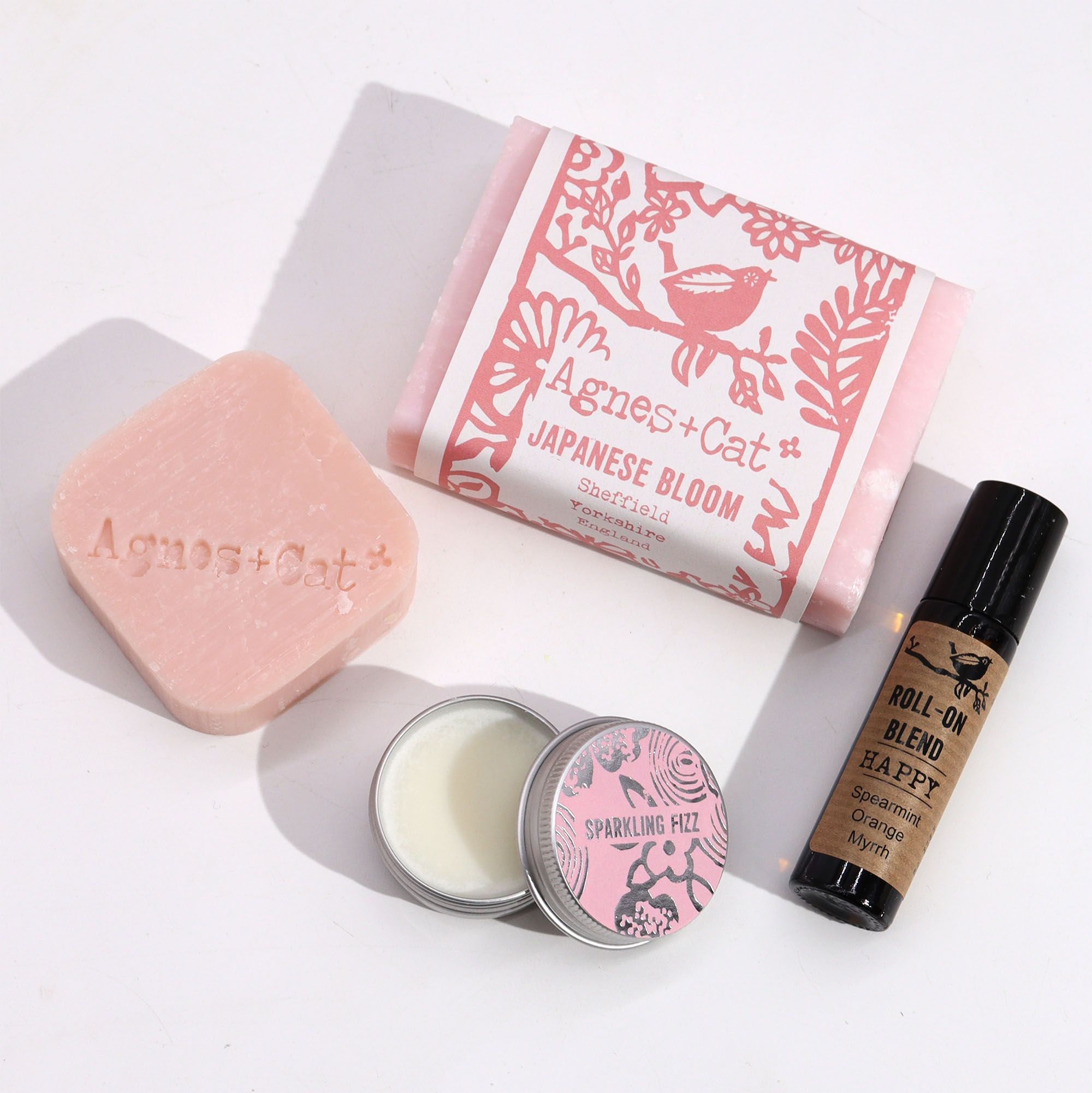 Handmade UK Japanese Bloom Soap, Solid Shampoo, Fizz Lip Balm & Happy Essential Oil Wellness Gift Set