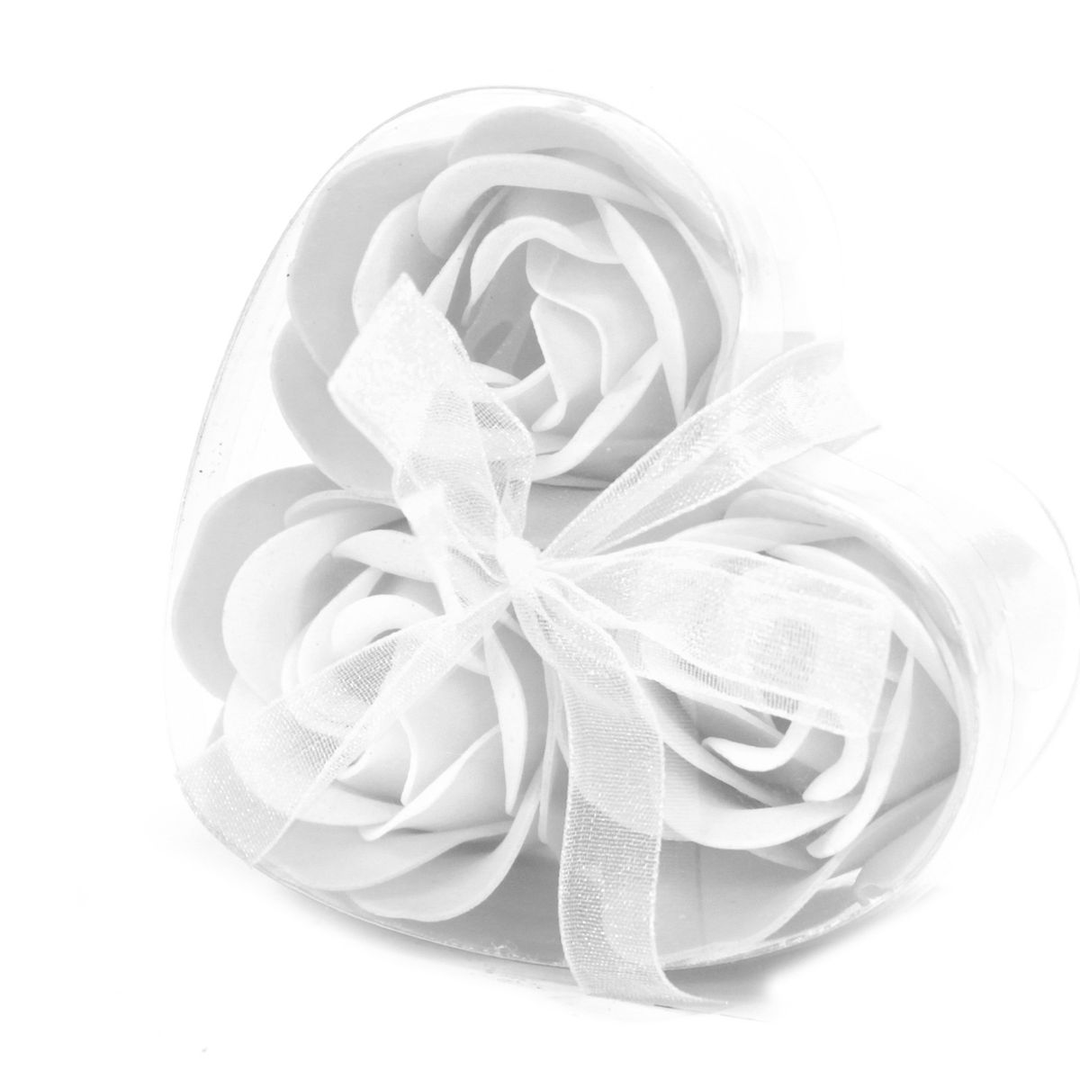 Conjunto de 3 flores de sabão em caixa em forma de coração - rosas brancas