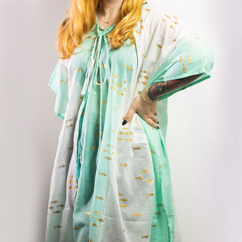 Nomad Sari - Kaftan - White & Turquoise & Gold Fish Design