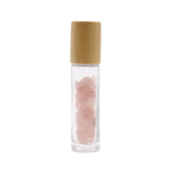 Bouteille Roll-On d'Huile Essentielle avec Gemme - Quartz Rose - Bouchon en Bois