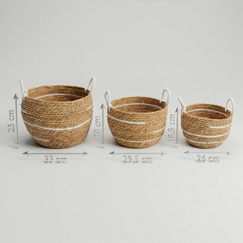 Cotton & Seagrass Large Baskets - Natural Stripes- Set of 3 (32.5cm 29.5cm 24cm)