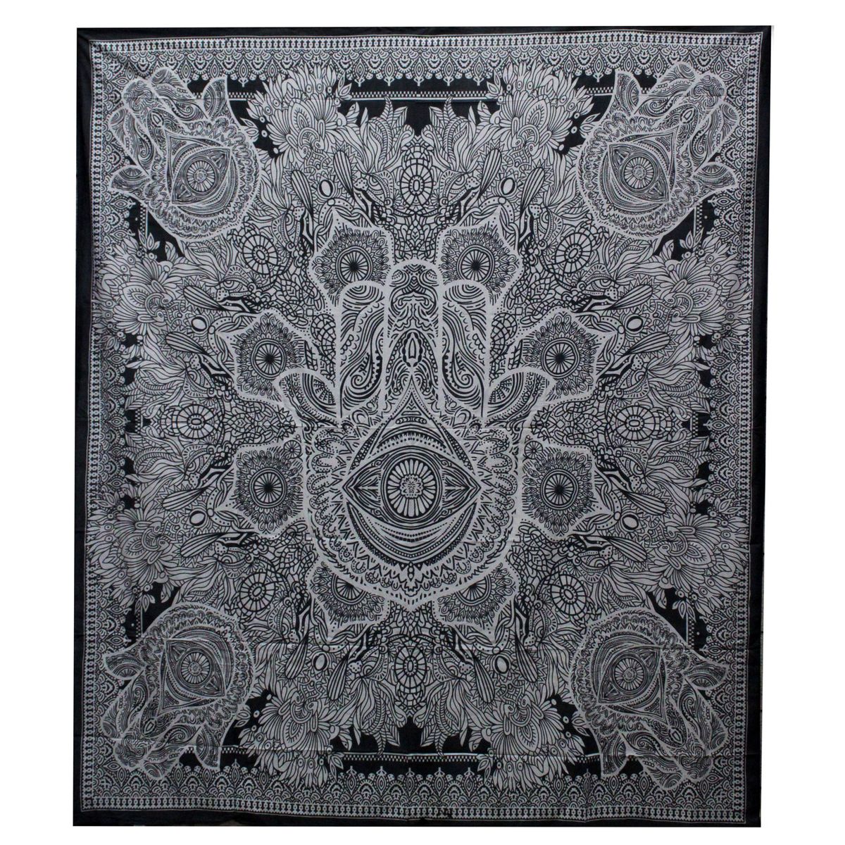 Colcha dupla de algodão P&B + Tapeçaria - Hamsa