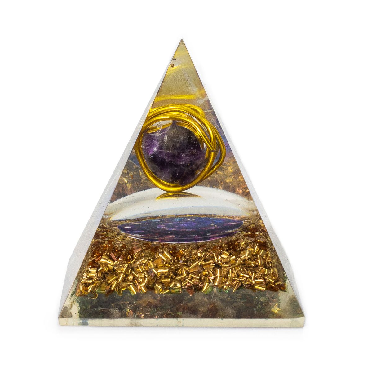 Pirâmides de orgonita médias 7x6 cm - Ametista envolvida - Lascas de cobre