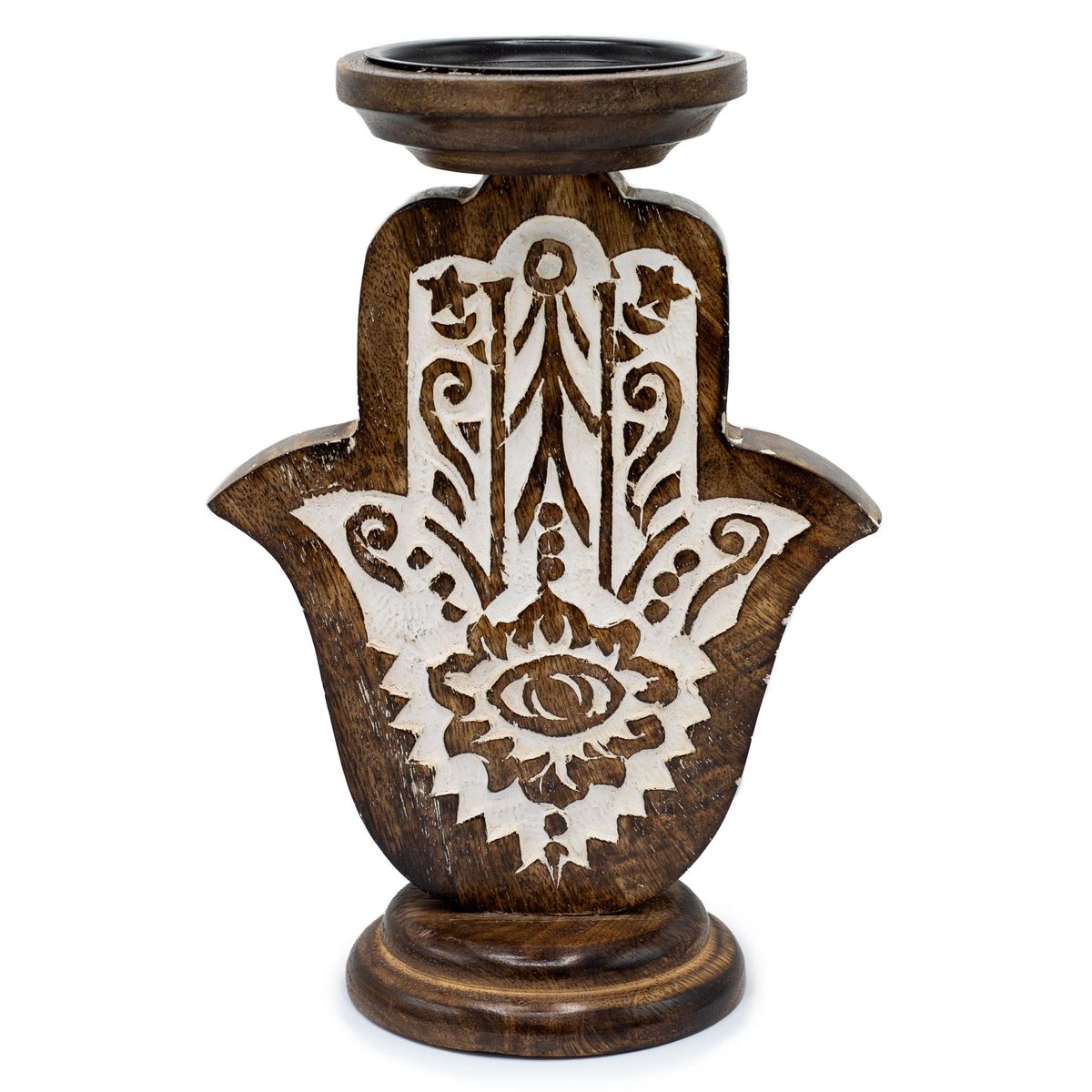 Candelabro de madeira de manga - Hamsa - Grande 25x18 cm