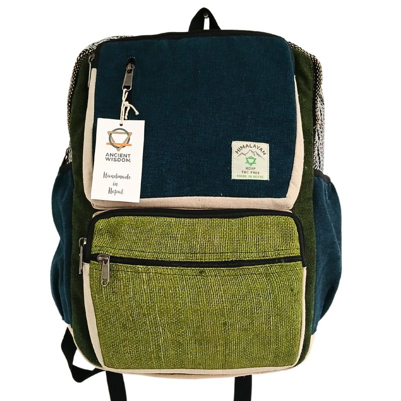 Grand Sac à Dos Rectangulaire en Chanvre - Bleu  & Sauge