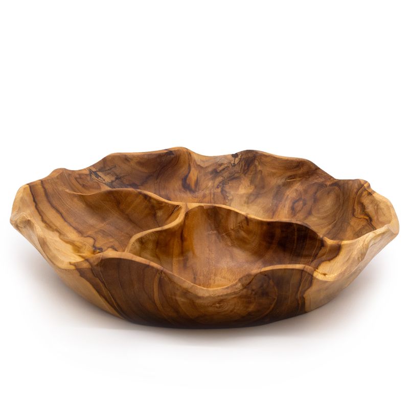 Bol à fruits rond et lisse en bois de teck à trois compartiments - 30x5,5cm