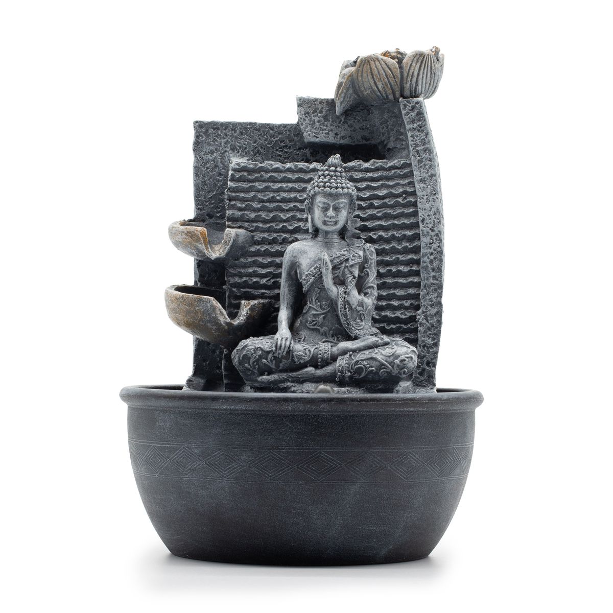Fonte de água de mesa - 19x19x28 cm - Buda, vasos em cascata com flor de lótus