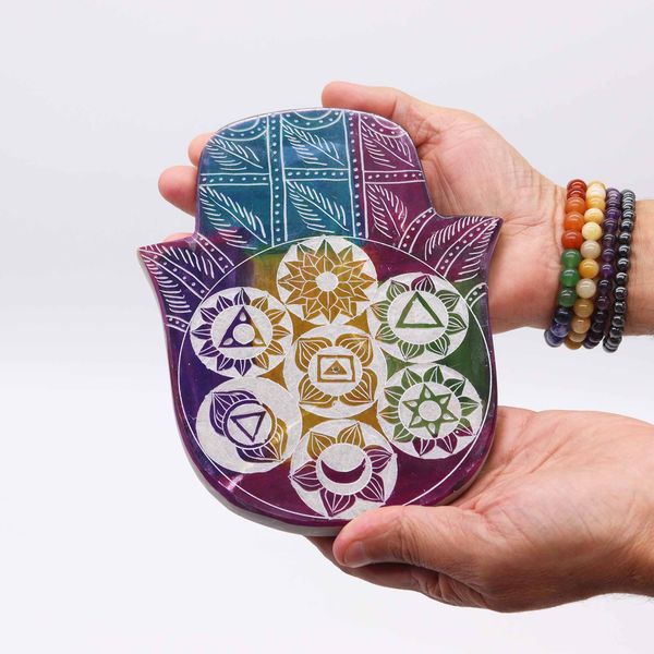 Porte-encens en pierre à savon Hamsa grand 18x15x1,2 cm - 7 Chakras