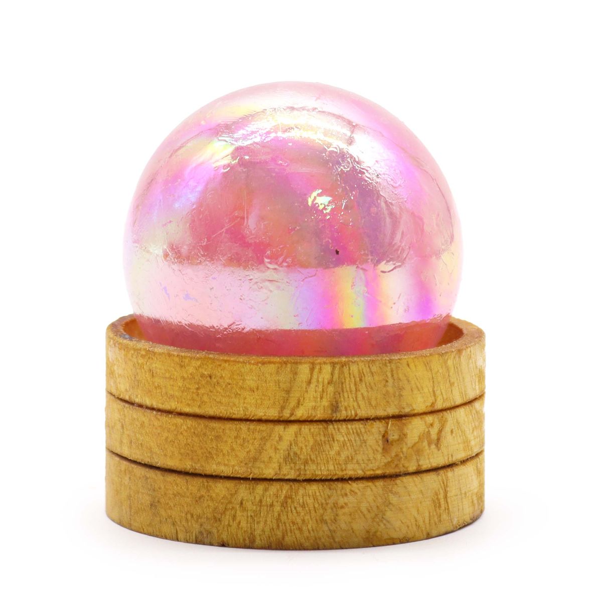Esfera de cristal de quartzo rosa de 50 mm com aura de titânio e suporte