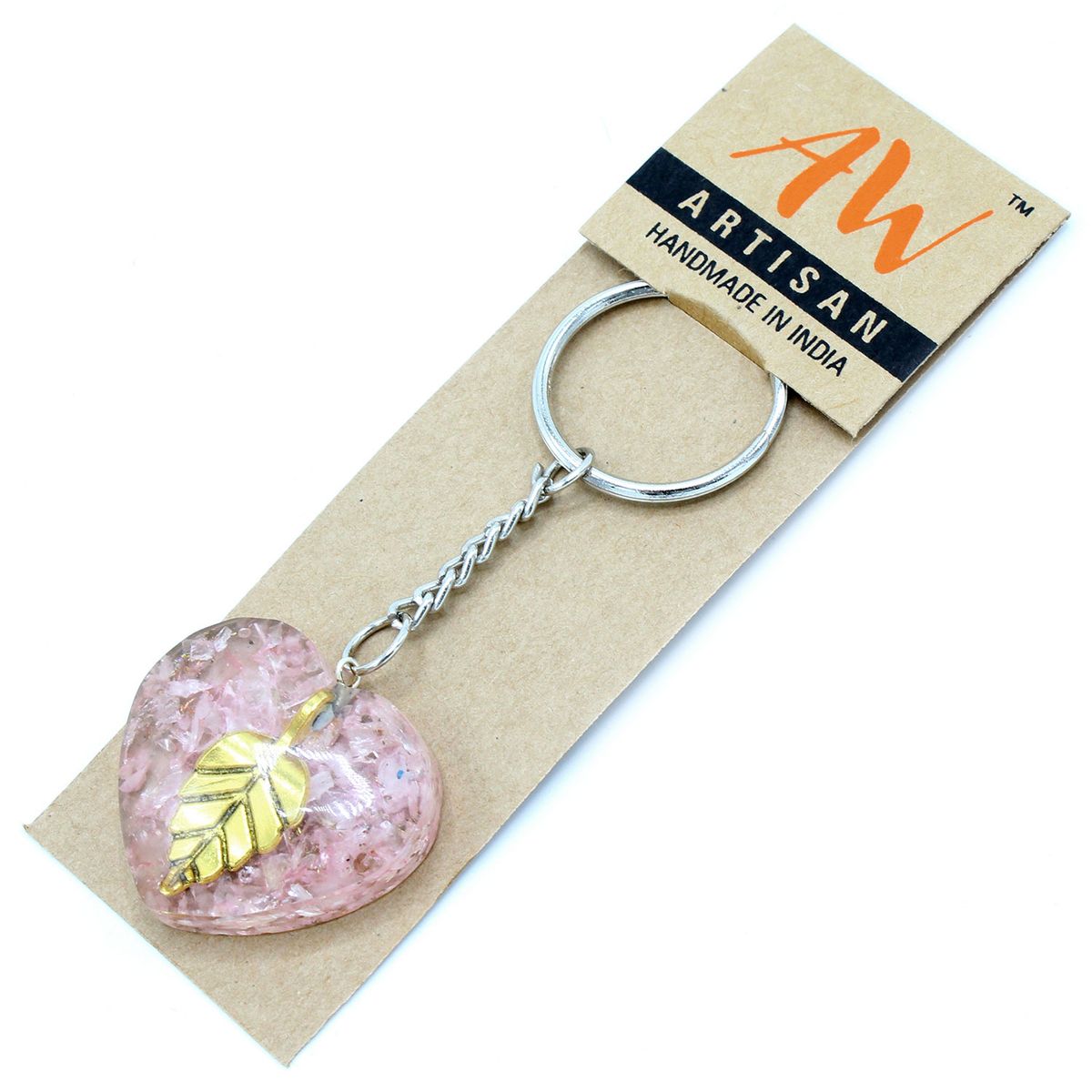 Porta-chaves Orgonite Poder - Corações de Quartzo Rosa com Folha de Ouro