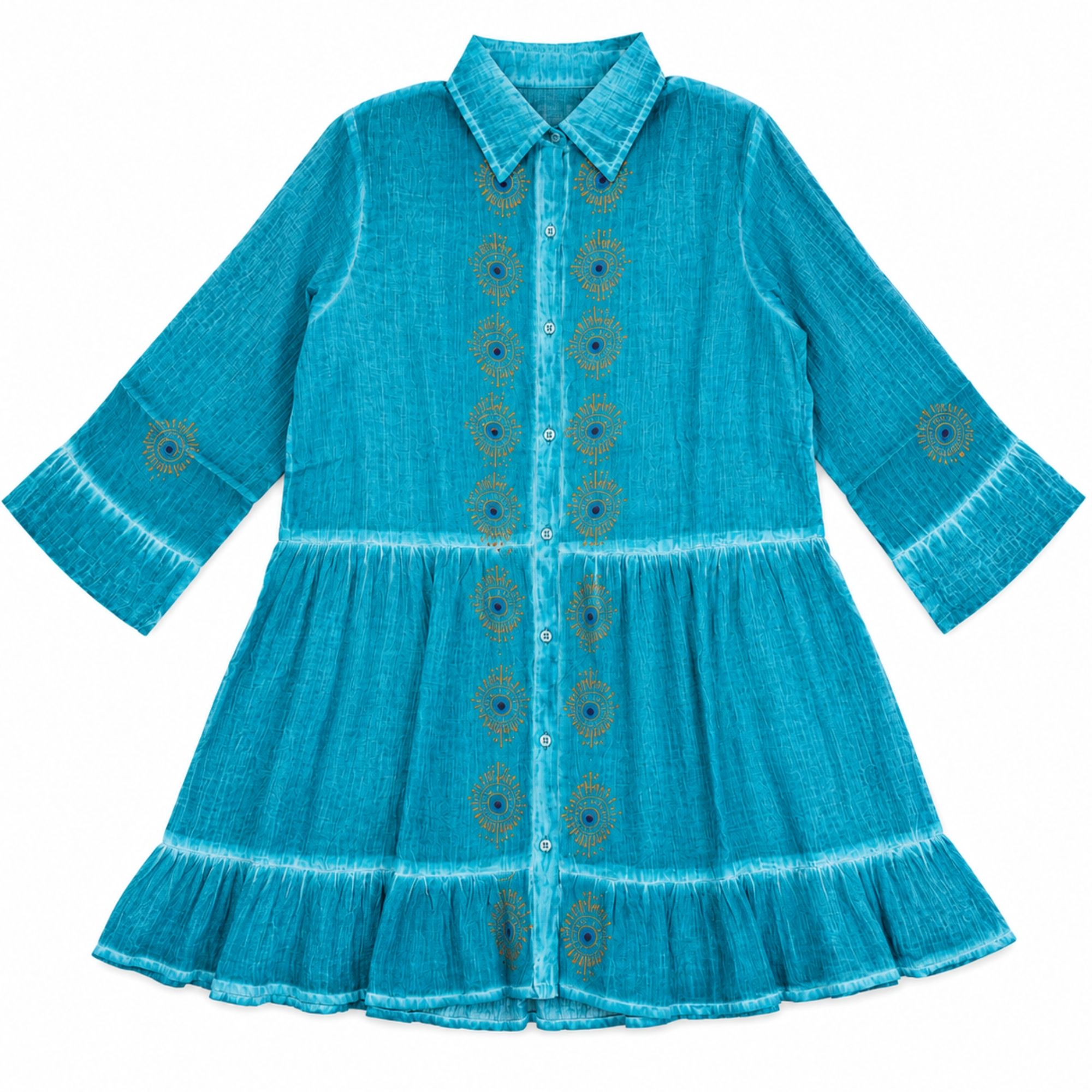 Nomad Sari na Coleção Med - Vestido tipo túnica - Turquesa com padrão em bloco de olho turco (L-XL)