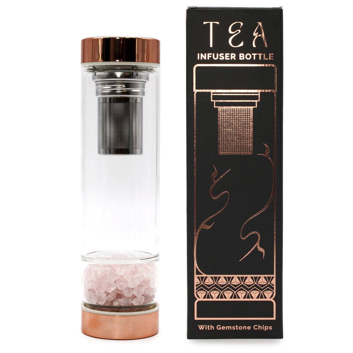 Garrafa de cristal para chá - ouro rosa - Quartzo rosa