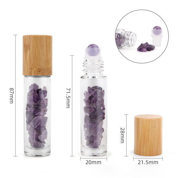 Gemstone Essential Oil Roller Bottle - Amethyst  - Wooden Cap + Gemstone Roller Tip for 5ml Bottle - Amethyst