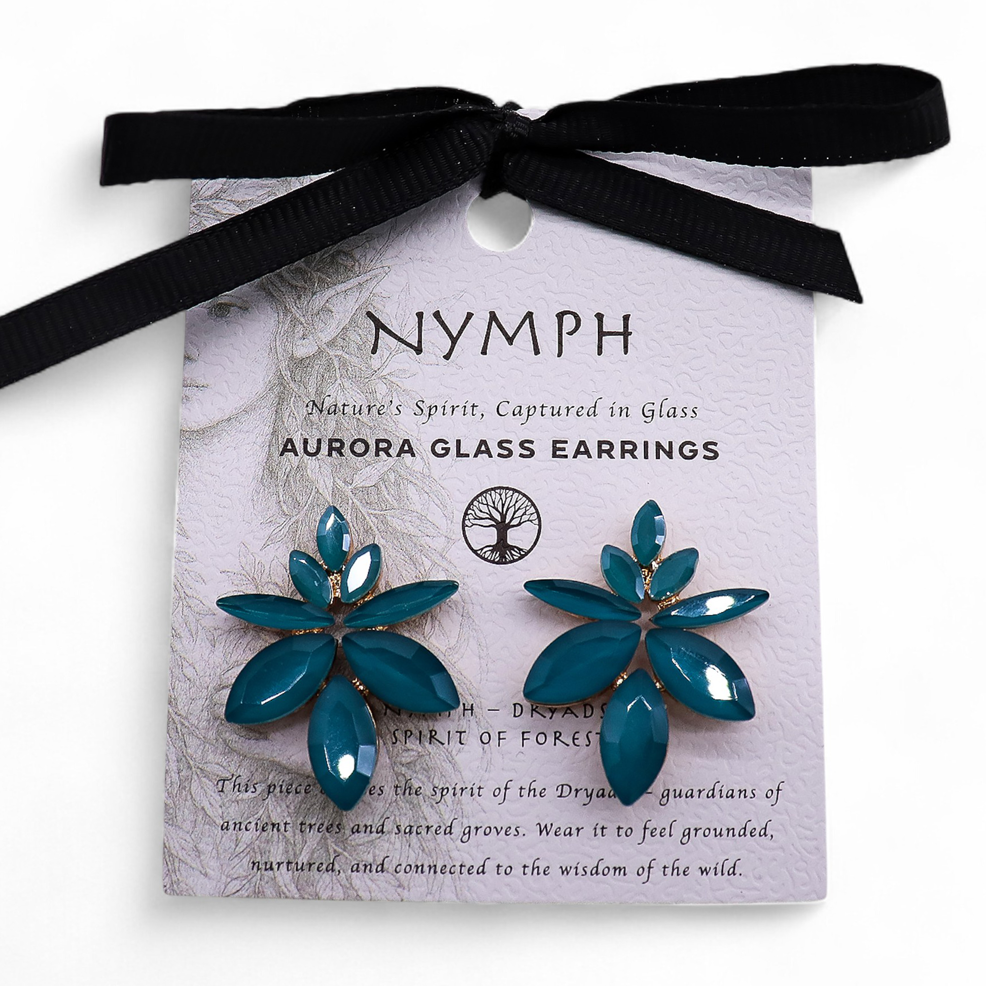 Teal Green Glass Flower Earrings - Nature-Inspired, Stainless Steel Setting