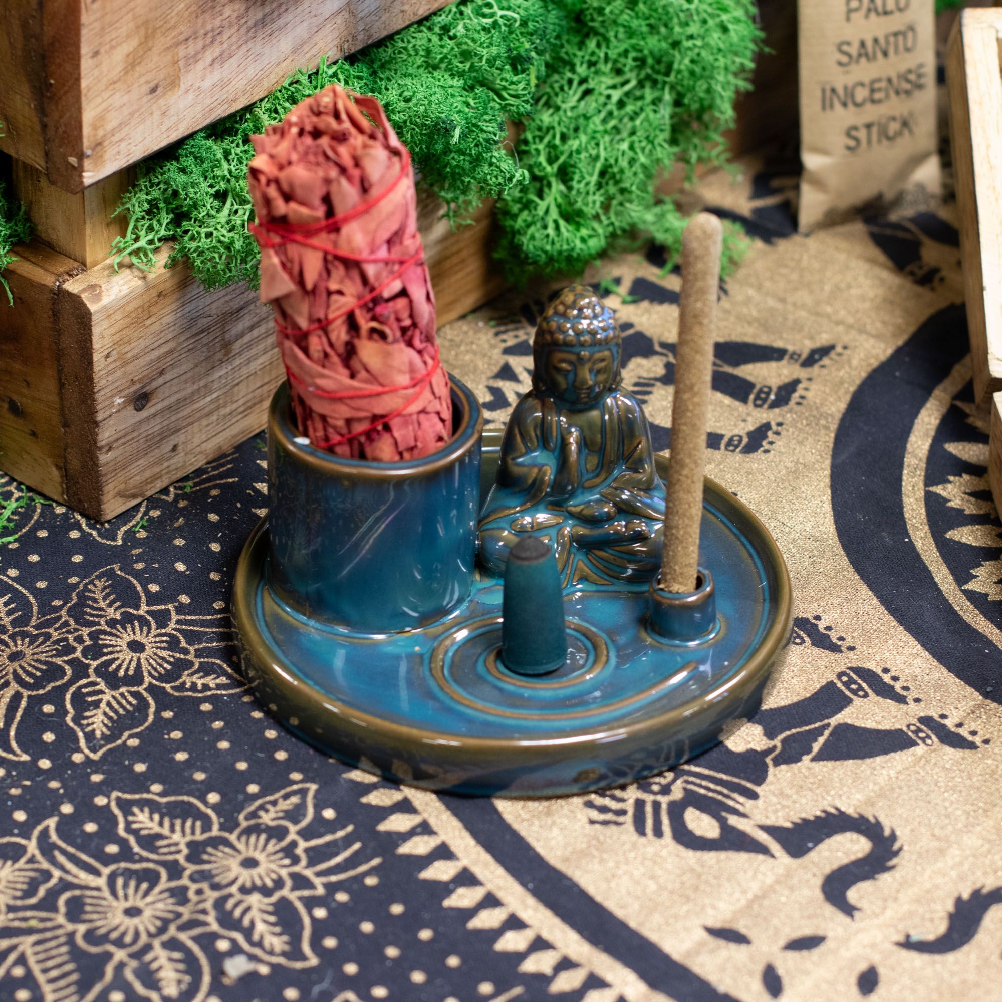 Multi Purpose Buddha Incense Plate - Ceramic Blue