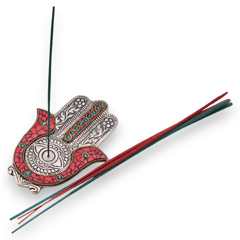 Porte-encens Hamsa petit modèle rouge & vert 13x5,5cm