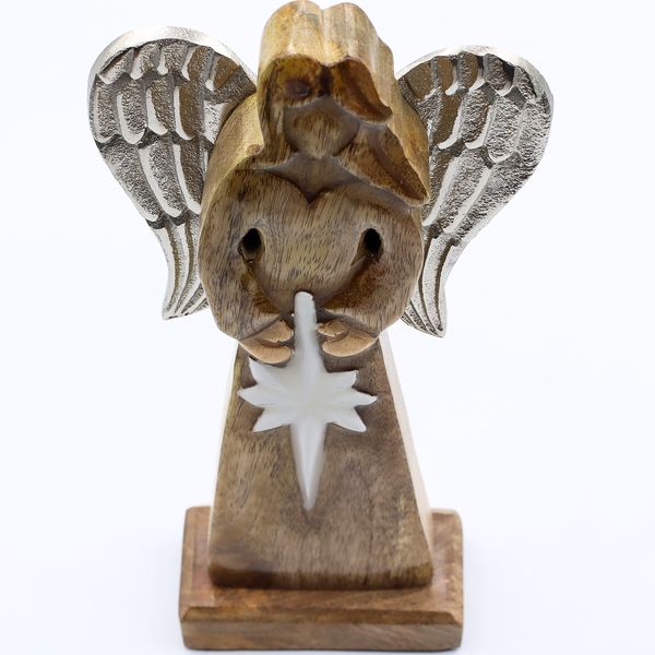 Anjo da Paz Grande de Madeira de Manga Asas de Metal e Detalhe em Esmalte – 30 cm