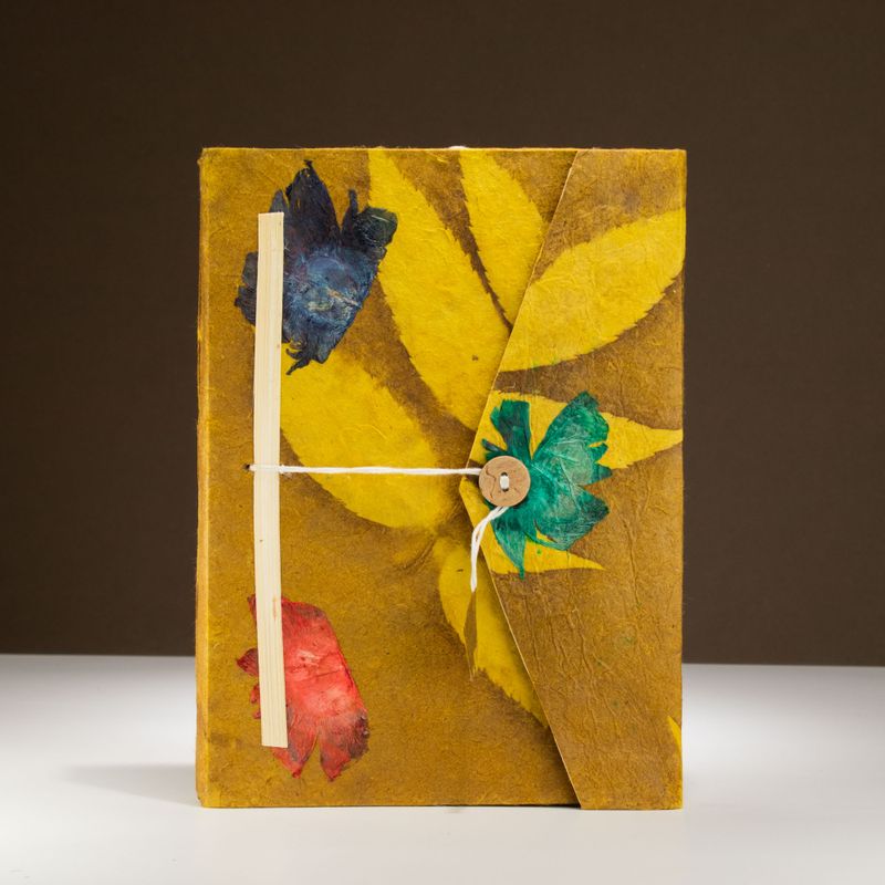 Lrg Lokta Bold Floral Notebook (21x15cm) - 45 leafs - inc bookmark - Mustard Brown