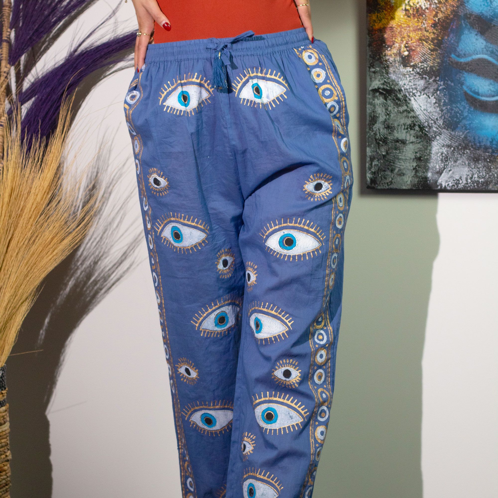 (ML) Nomad Sari On the Med Collection - Lounge Pants - Rich Blue & Gold Hand Painted Evil Eye Design