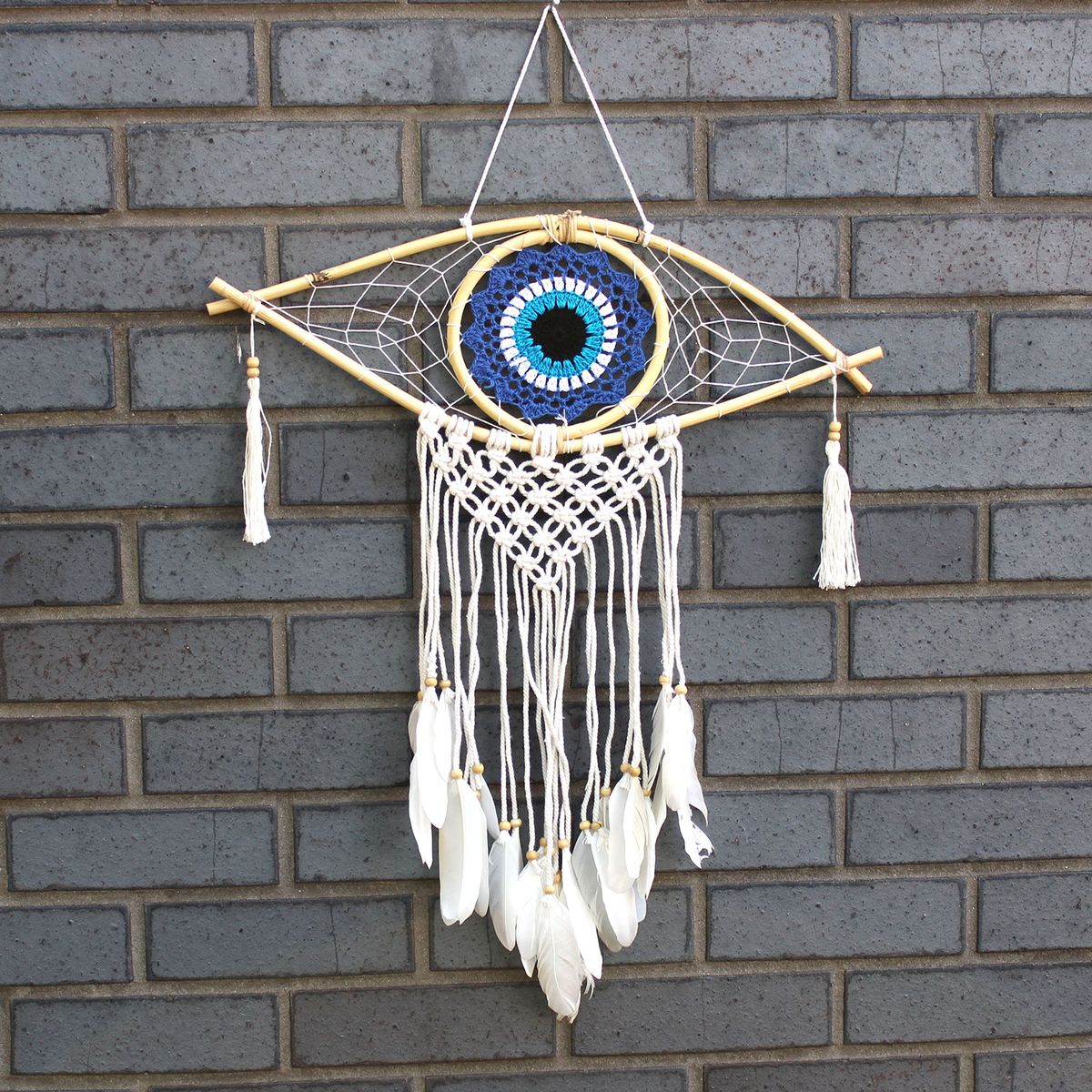 Apanha-sonhos - Médio Macramé Olho do Mal Azul / Branco / Preto