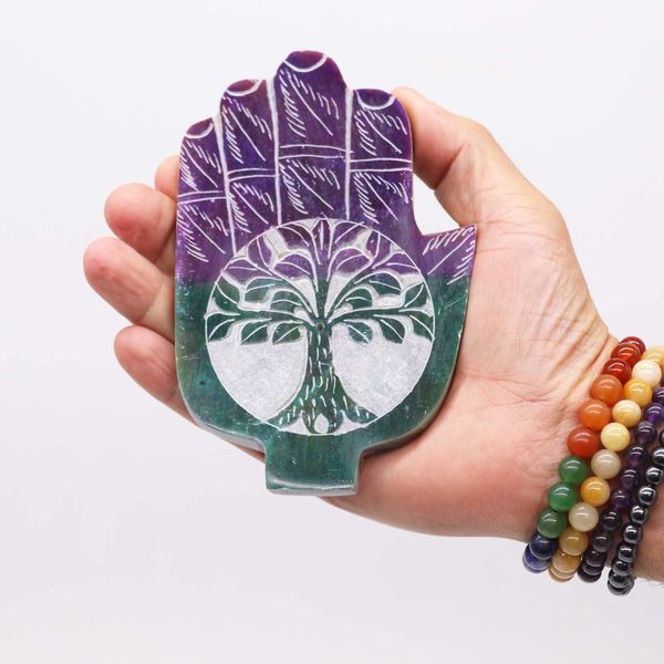 Porte-encens en pierre à savon Hamsa moyen 13x9 cm - Arbre de Vie