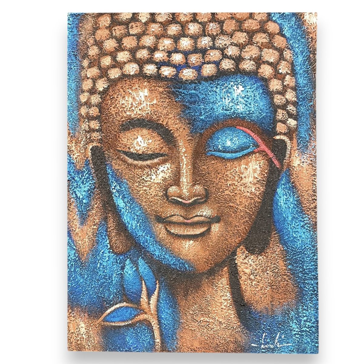 Pintura de Buda - Flor em Bronze e Azul