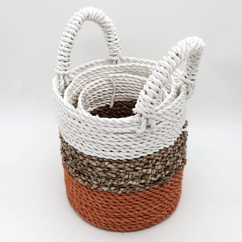 Ensemble de Paniers en Jonc de Mer - Orange / Naturel / Blanc