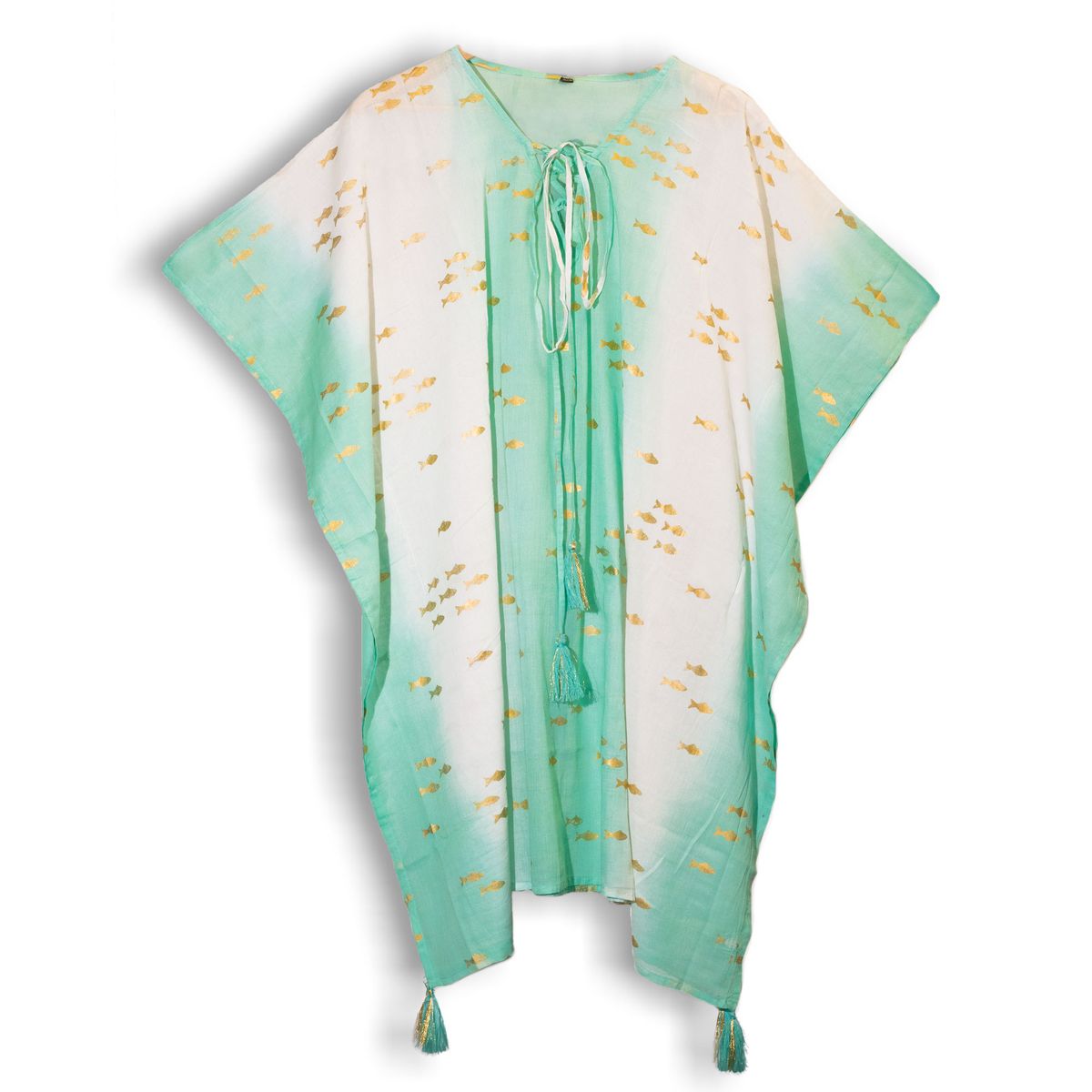Coleção Nómada Sari Mediterrâneo - Kaftan - Desenho de peixes em branco, turquesa e dourado