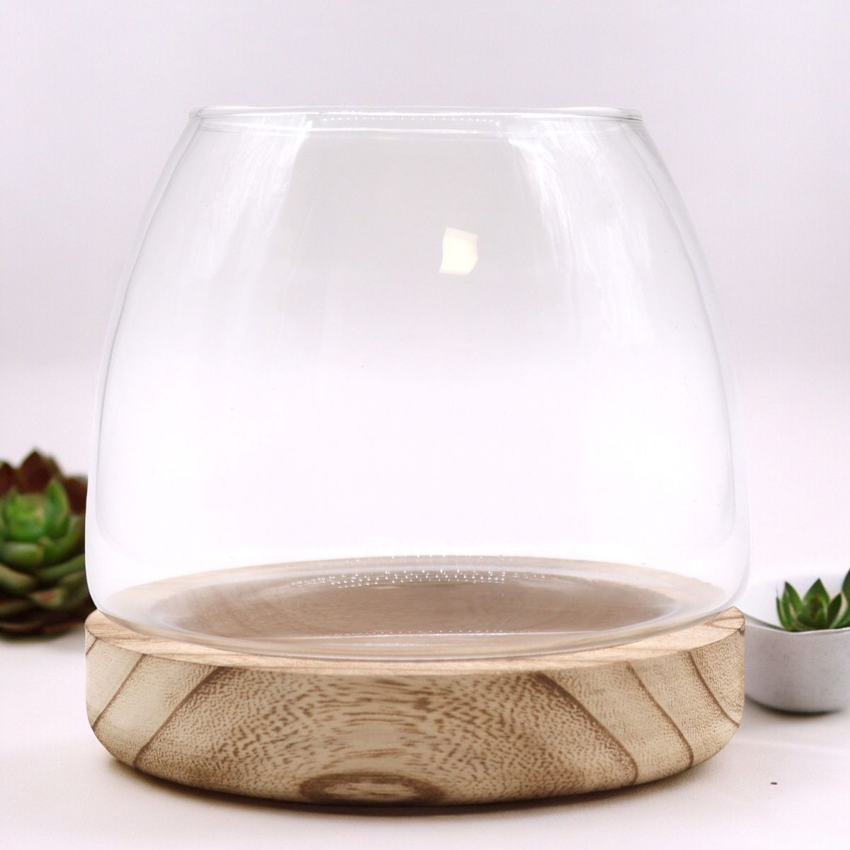 Pequeno terrário em madeira de tung natural - 15x15 cm