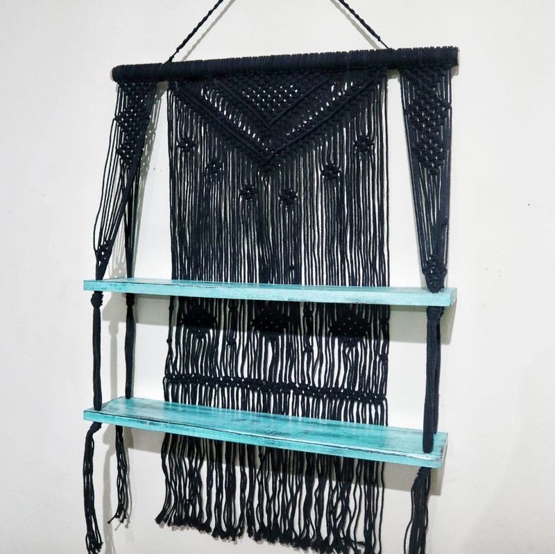 Étagères Suspendues en Macramé Noir - Turquoise
