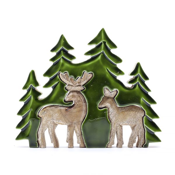 Decoração de Madeira 3D Dois Veados na Floresta – 18x23 cm