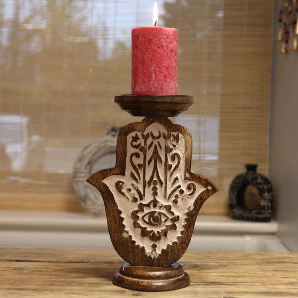Support de bougie en bois de mangue - Hamsa - Petit 18x11cm