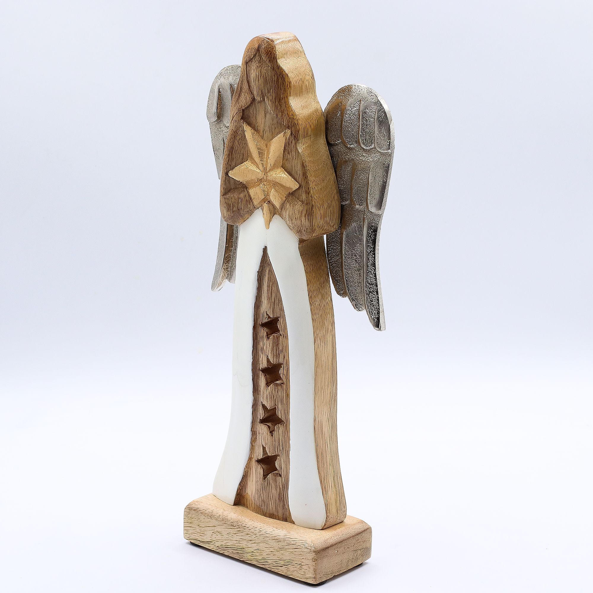 Anjo Estrela Grande de Madeira de Manga Asas de Metal e Detalhe em Esmalte – 30 cm