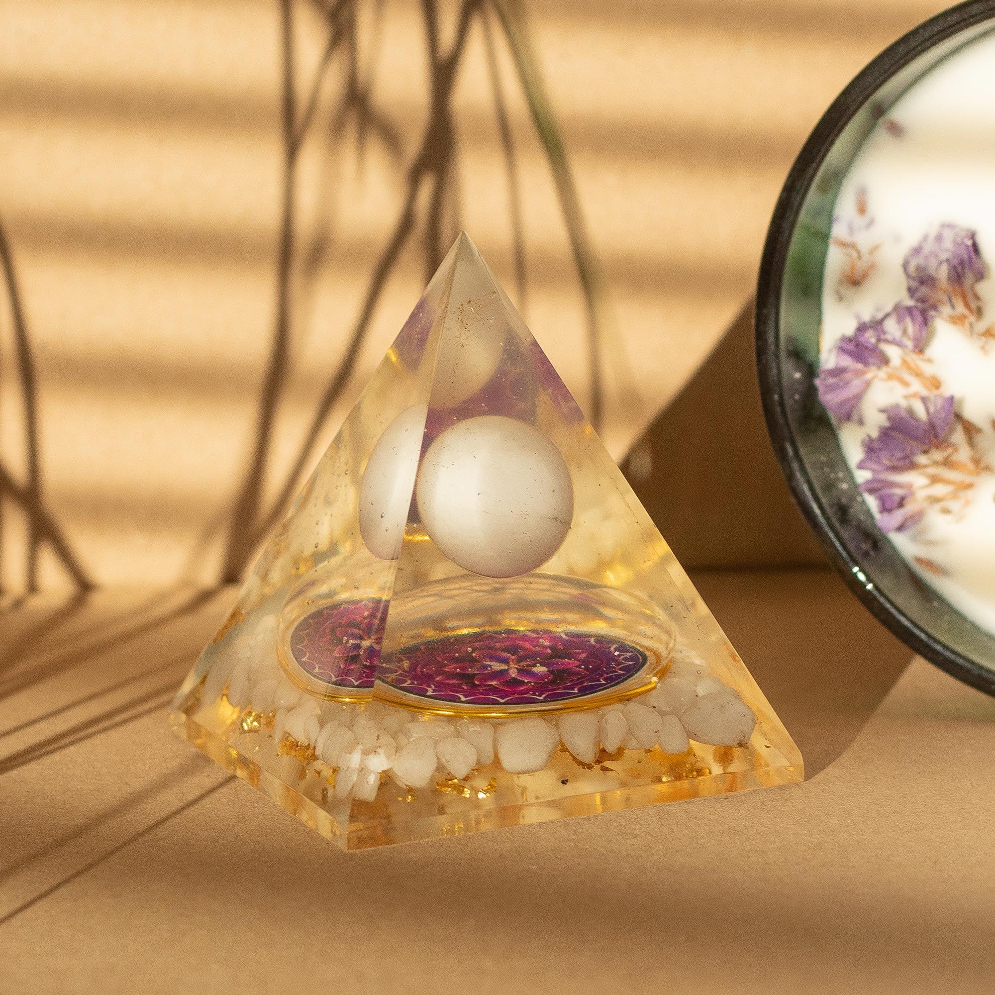 Orgone Pyramid 7x6cm - White Quartz Sphere, Quartz Chunks, Gold Flakes - Spiritual Energy & Focus