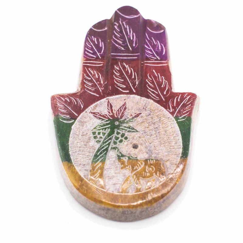 Porte-Encens Hamsa en Stéatite 9x6cm - Éléphant et Palmier