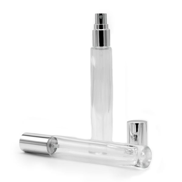 Flacon rond haut et fin de 10 ml, vaporisateur et bouchon argentés
