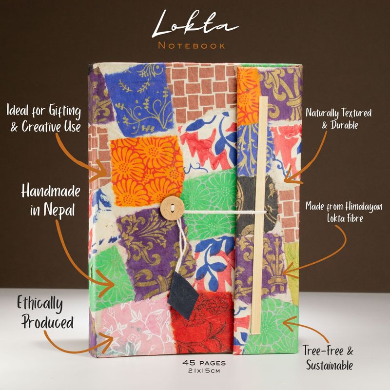 Lrg Lokta Patchwork Notebook (21x15cm) - 45 leafs - inc bookmark - Multi Colour