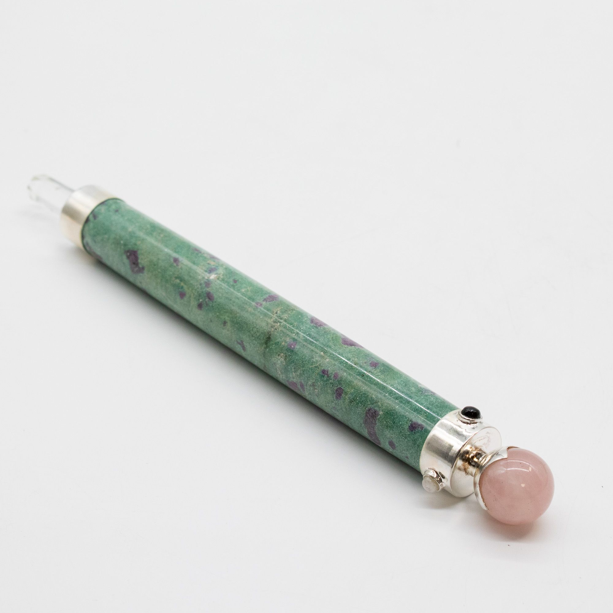 Varita de Corazón Verde - Rubí Fuchsite Cuarzo Rosa con bola de cristal en la parte superior - 23 cm
