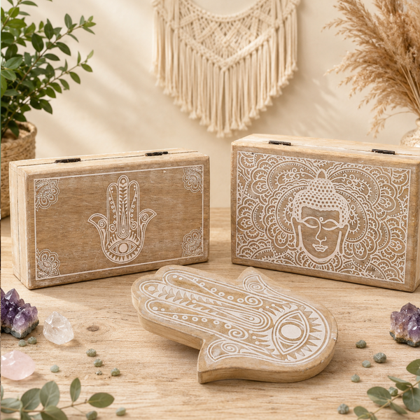 Großhandel Holzboxen und Tabletts mit Buddha- und Hamsa-Design