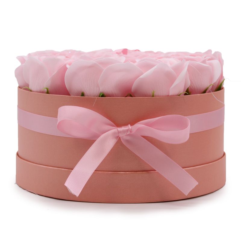 Coffret Cadeau de Fleurs de Savon - 14 Roses Roses - Rond
