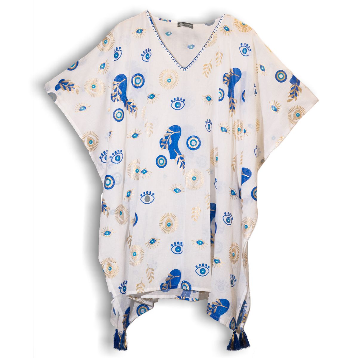 Coleção Nomad Sari Mediterrâneo - Kaftan - Desenho do Olho Maligno em Branco, Azul e Dourado