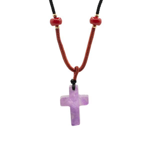Cord Necklace Gemstone Pendant - Amethyst Cross