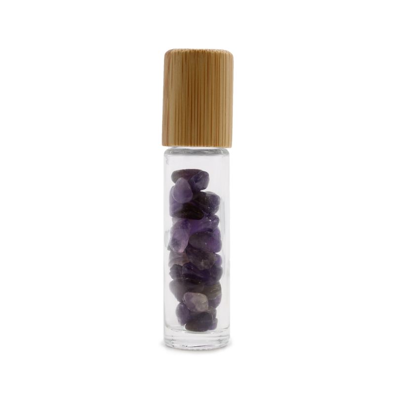 Bouteille Roll-On d'Huile Essentielle avec Gemme - Améthyste - Bouchon en Bois