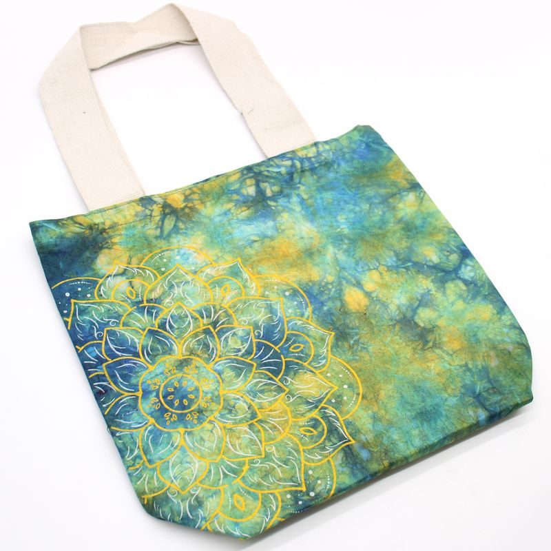Bavlněná Taška (6oz) - 38x42x12cm - Mandala - Zeleno-Modrá - Přírodní Popruhy