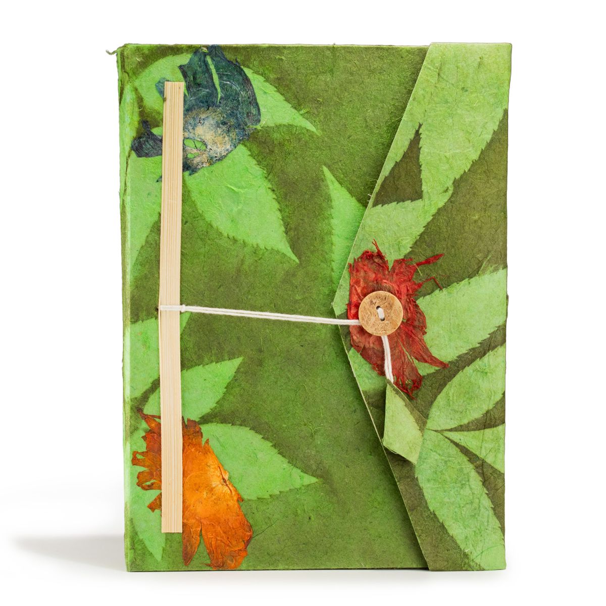 Caderno Lokta com padrão floral arrojado – Grande (21x15 cm) – 45 folhas – Inclui marcador – Verde musgo