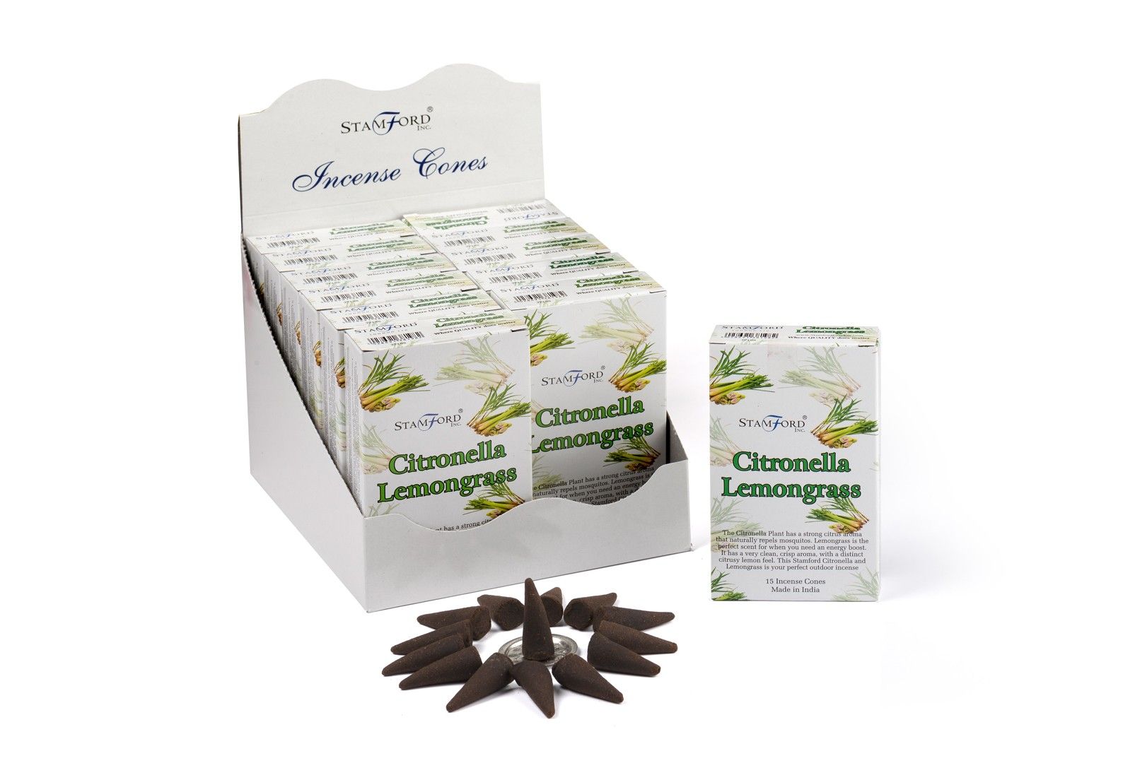 Conos de incenso de citronela e capim-limão
