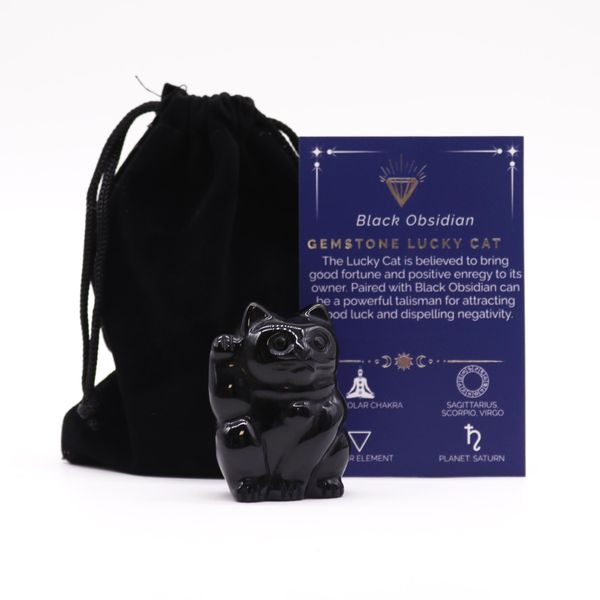 Gato da Sorte de Pedras Preciosas -Obsidiana Preta - 50x35x25mm