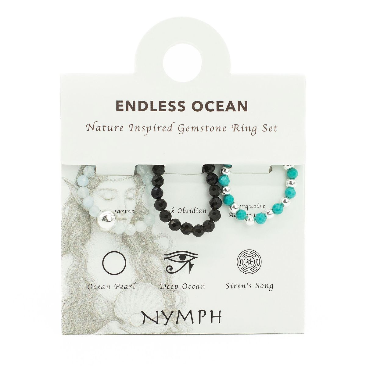 Conjunto de anéis com pedras preciosas de ninfa - Oceano infinito