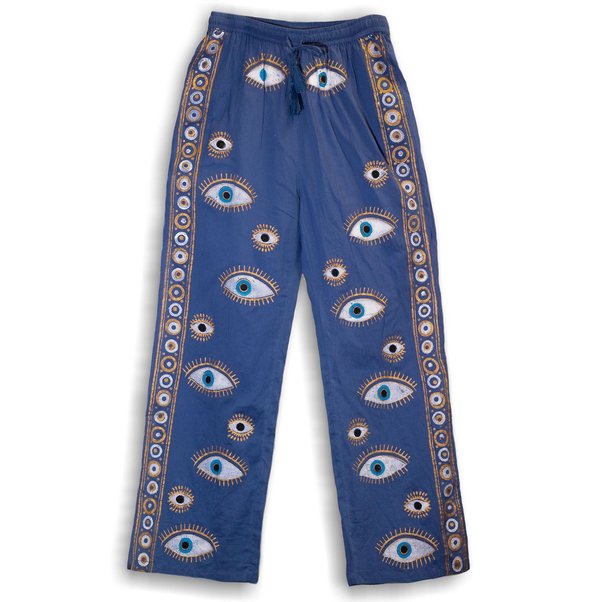 (ML) Coleção Nomad Sari Mediterrâneo - Calças - Desenho do Olho Maligno em Azul Intenso e Dourado