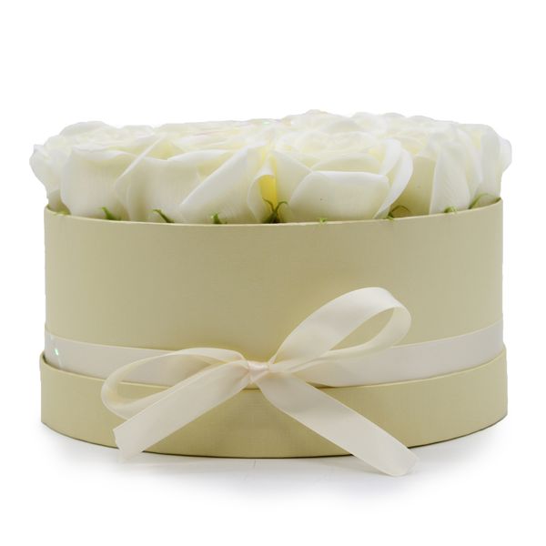 Coffret Cadeau de Fleurs de Savon - 14 Roses Crème - Rond